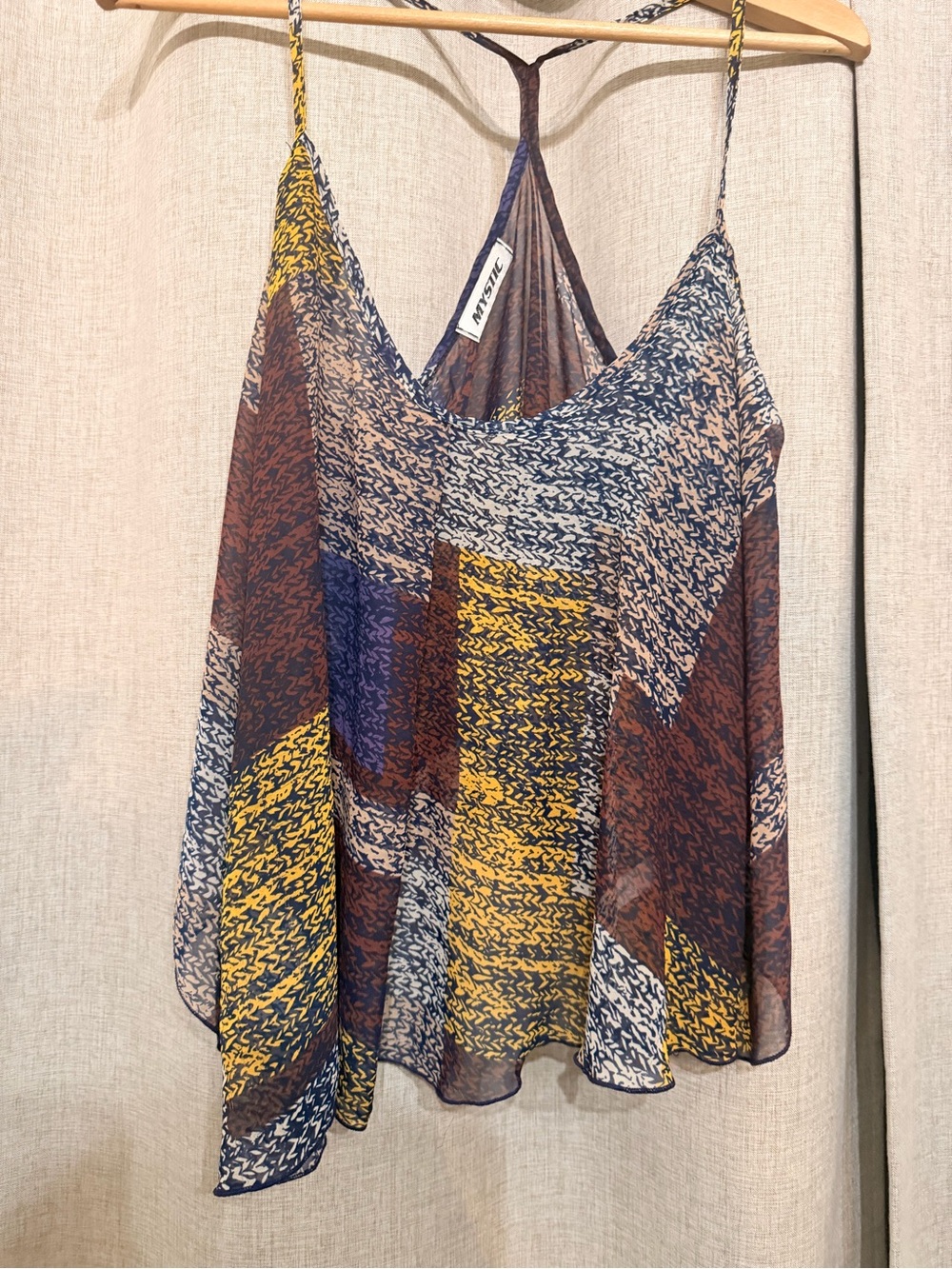 Mystic Multicolor Patchwork Print Silk Cami in Navy, Mustard & Brown